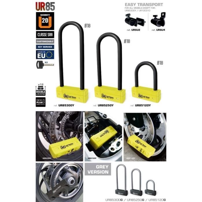 URBAN - Antivol Moto "U" 85X250Mm Ø18Mm Jaune - Homologué SRA