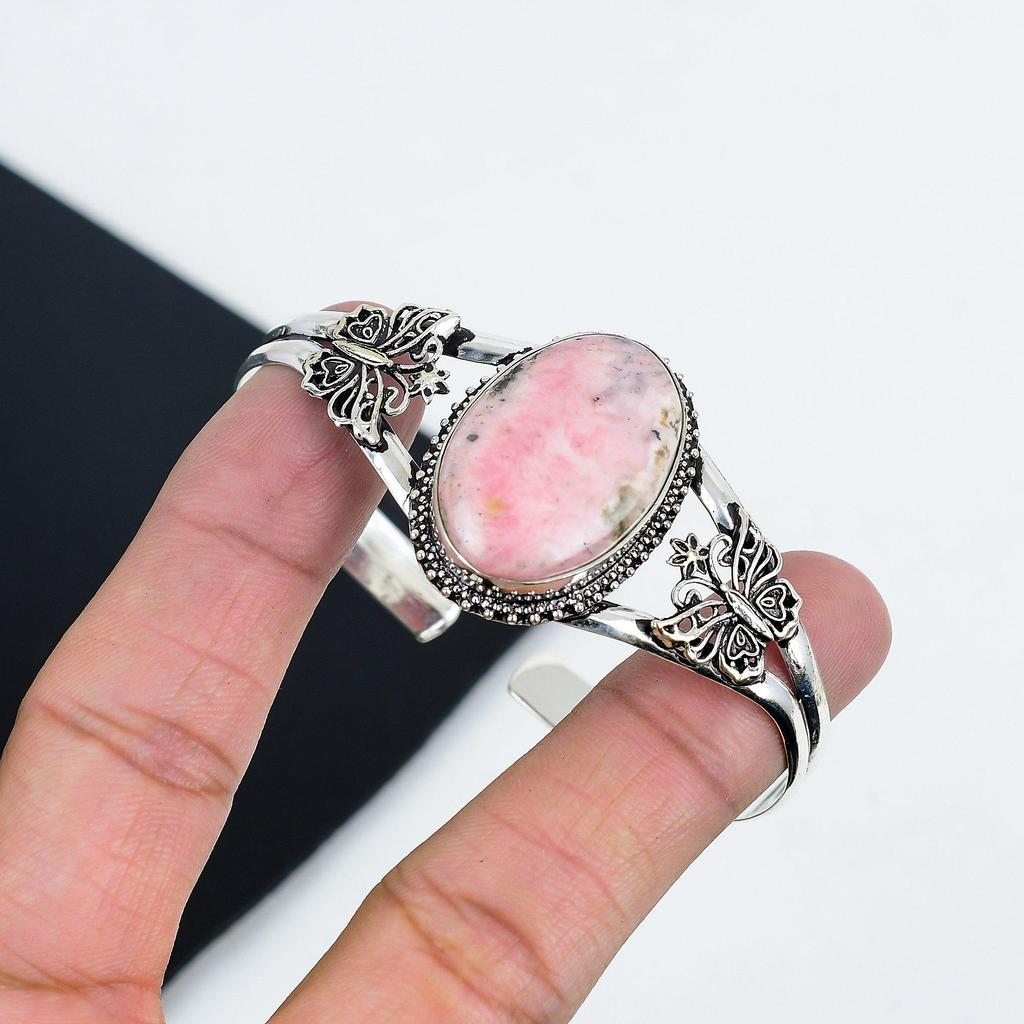 Natural Rhodonite Gemstone Handmade 925 Sterling Silver Cuff Bangle, Rhodonite Bangle,For Wife, Unisex Bangle, Gifts For Party Wear