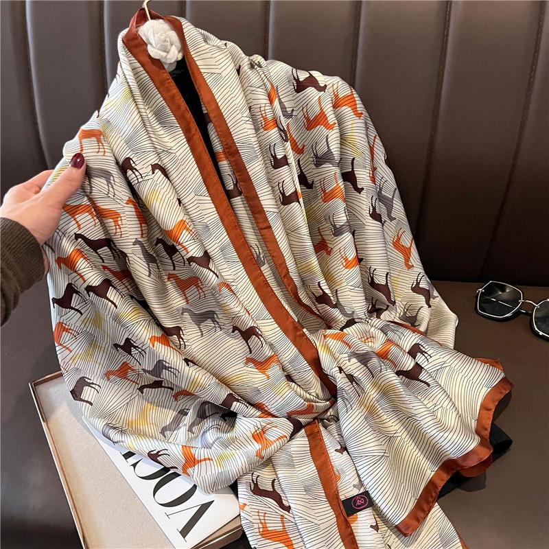 Fashion Brand Women Silk Scarf Luxury Dark Green Aztec Floral Pashmina Shawls Wrap Soft Foulard Femme Muslim Hijab 180*90Cm