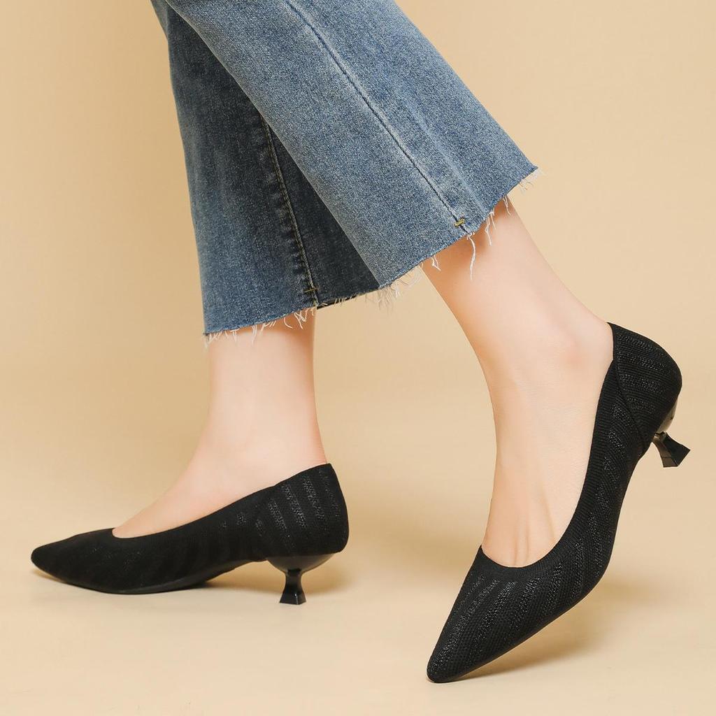 Pointed Toe Shallow Mouth Fabric Flat Bottom Women's Solid Knitted Soft Bottom Large Shoes Size 34-43