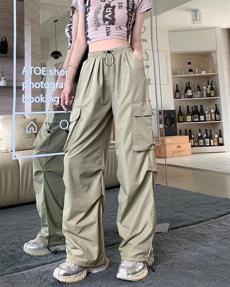 Women High Waist Wide Leg Cargo Pants Thin Drawstring Multi Pocket Loose Casual Outdoor Trousers