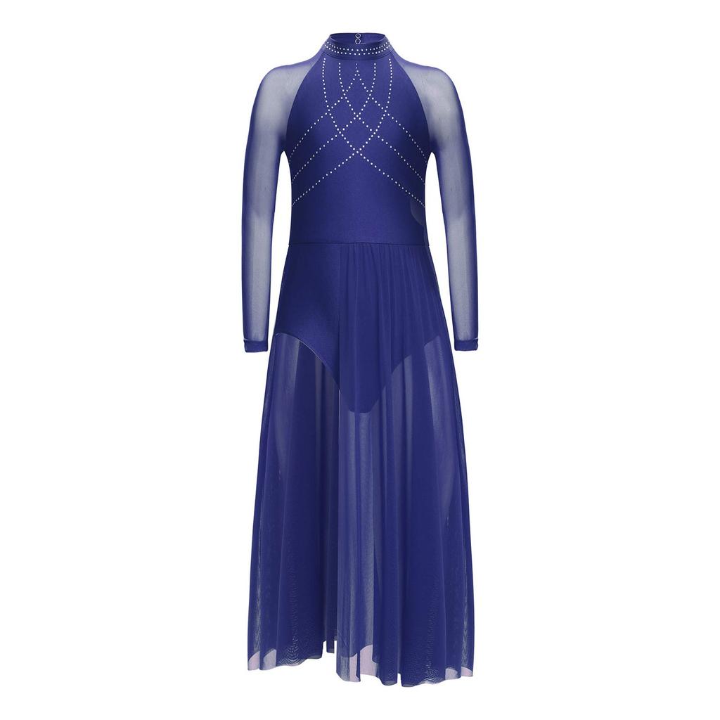 Mädchen Performance-Kleid Strasssteine Transparenter Mesh Patchwork Design Fließender Rock mit Schlitz Schlüsselloch-Rücken Body