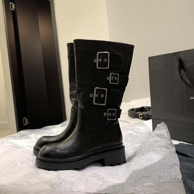 Cowhide version~ Showing legs, thin belt buckle, thick-soled medium tube knight boots for women's 2025 autumn new cool and handsome thick-heeled loc