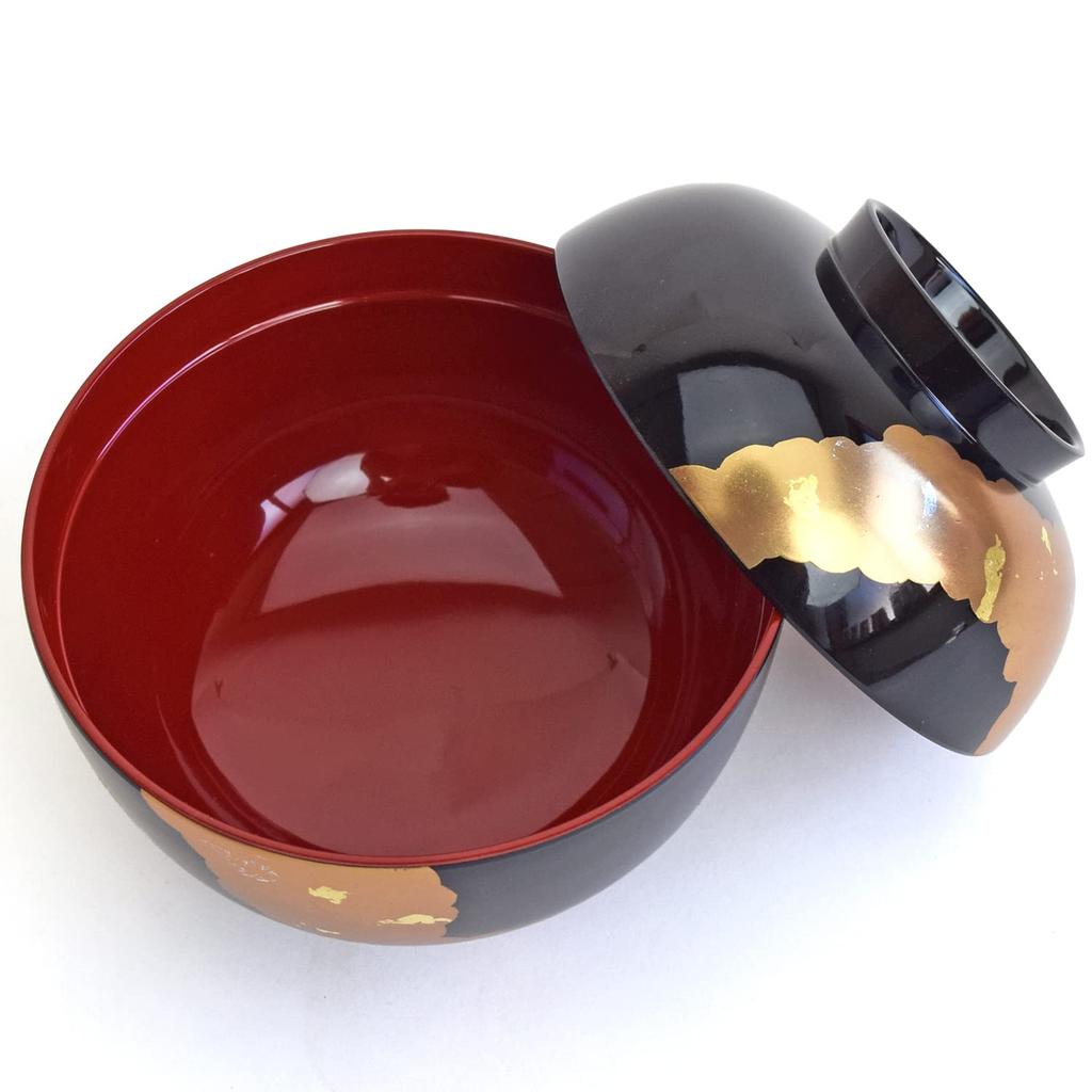 Maeju Lacquerware Zoni Bowl (450ml) - Large size, with lid, lustrous black interior with red lacquer and crane design, gold mica, traditional craft, Y