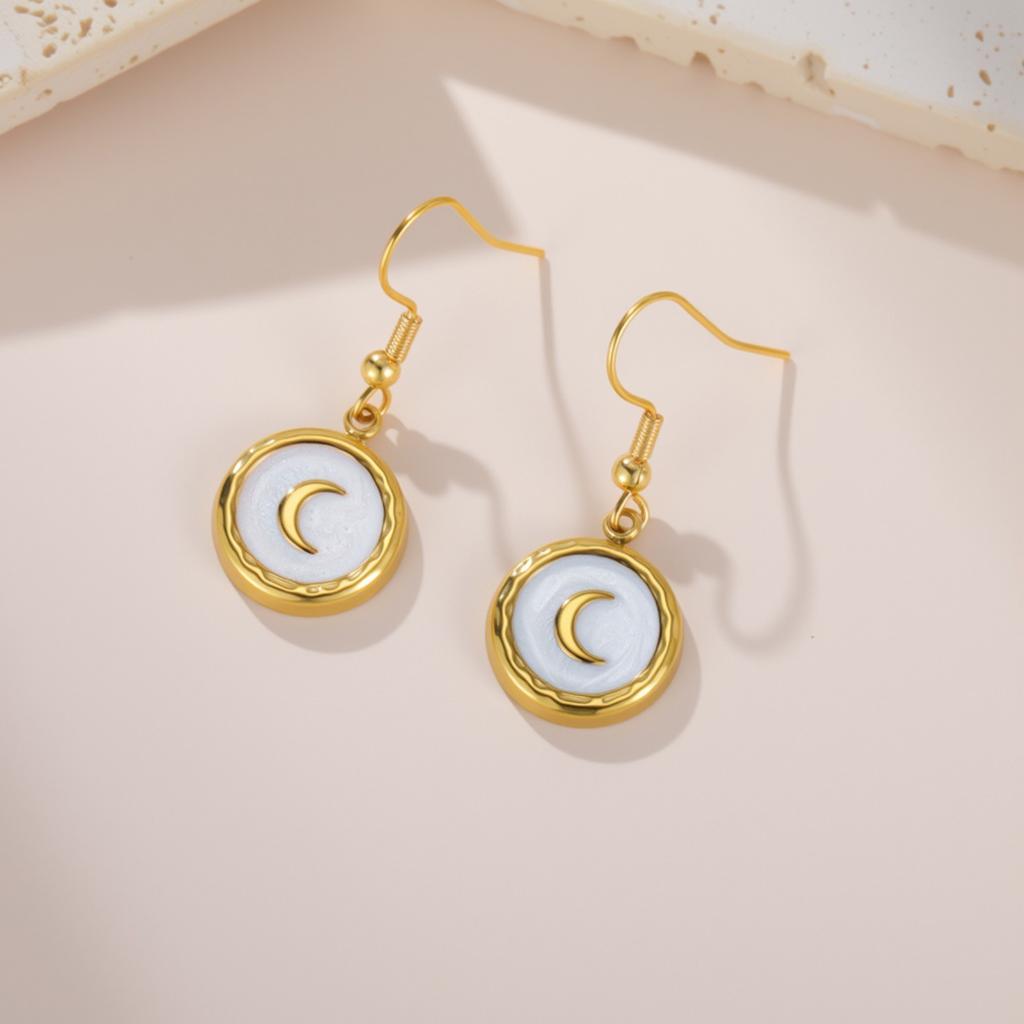 Teamer White Enamel Crescent Round Pendant Stainless Steel Dangle Earrings For Women Girls Fashion Wedding Romantic Jewelry Gift