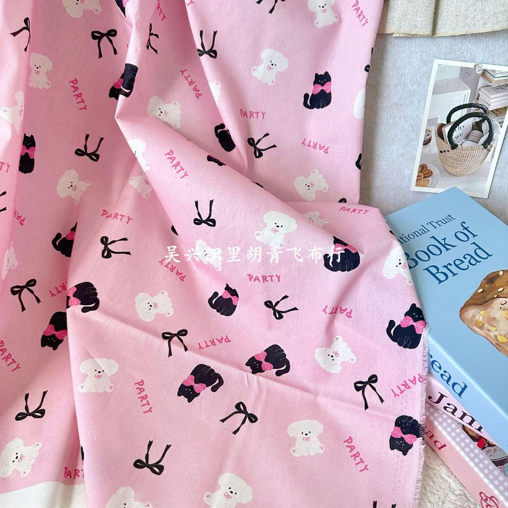 100% Cotton Digital Print Fabric: Korean-Style Kitten Bow & Floral Design for Women's, Children's, Family, and Homewear