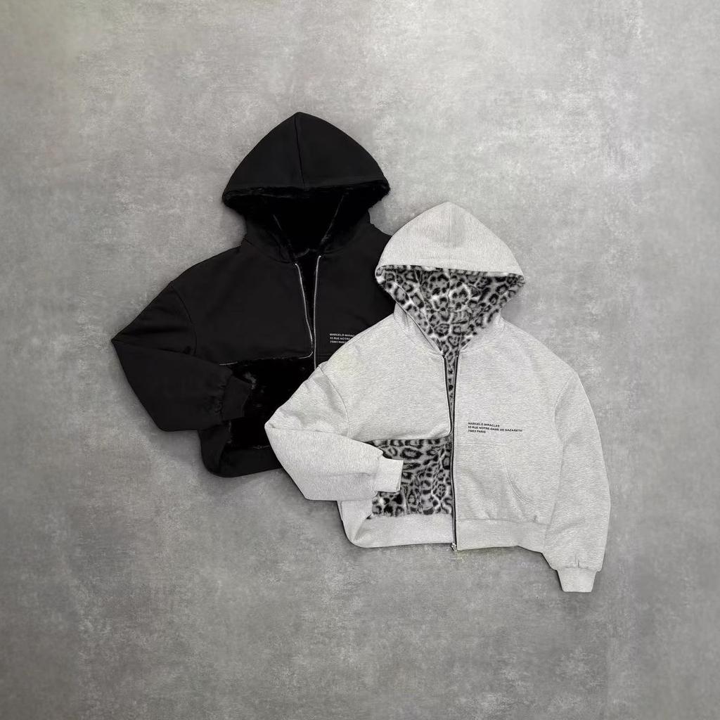 Women's Hooded Long Sleeve Zip Up Hoodie Loose Fit Streetwear Reversible Leopard Print Pocket Sweatshirt Top