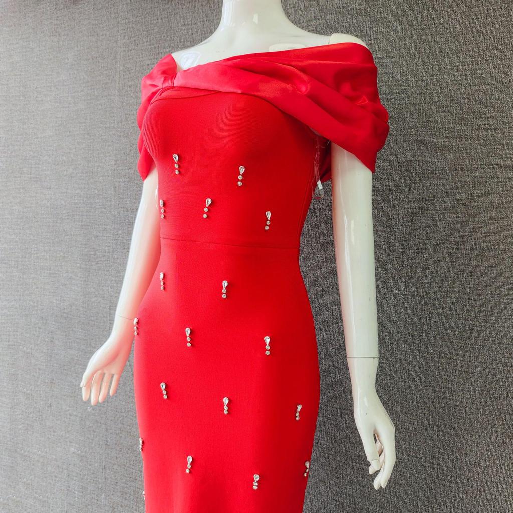 European & American Off-Shoulder Luxury Studded Bandage Evening Dress
