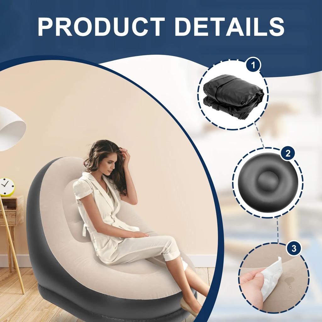 Portable Inflatable Lazy Chair PVC Air Couch Sofa with Foot Pad & Repair Patches Ergonomic Blow Up Lounger Chair for Living Room
