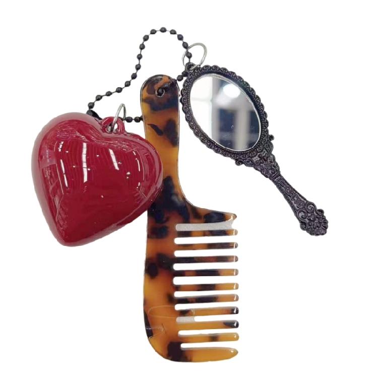 Leopard Print Comb Pendant Keychain Mirror and Heart Charm Keyring Daily Use Bag Pendant Beauty Tool Unique Gift