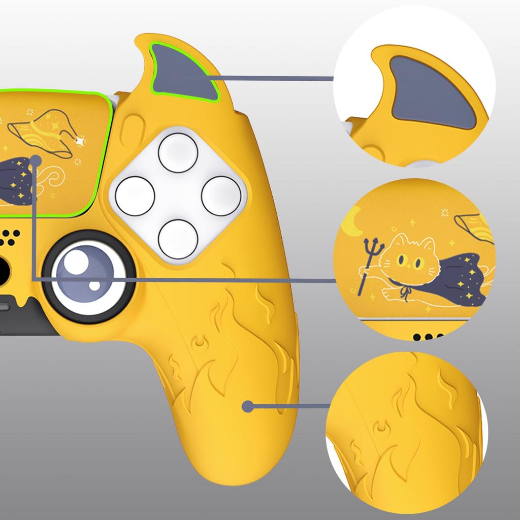 PlayVital PS5 Controller Silicone Cute Controller Cover Skin Protector with Thumb Grip Caps Touchpad Stickers Cover, (Demon Style) & (Yellow)