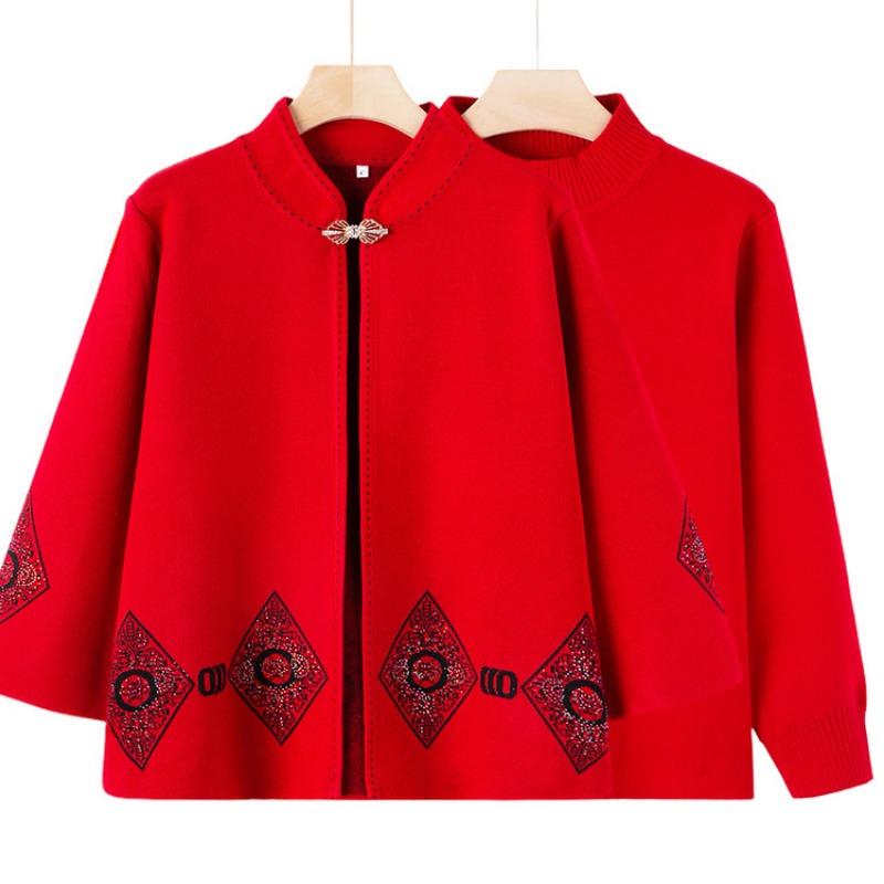 Middle-aged Elderly Festive Wedding Banquet Mother Outfit Autumn and Winter Grandma Knitted Sweater Jacket Cardigan Two-piece Sweater Outer Cover