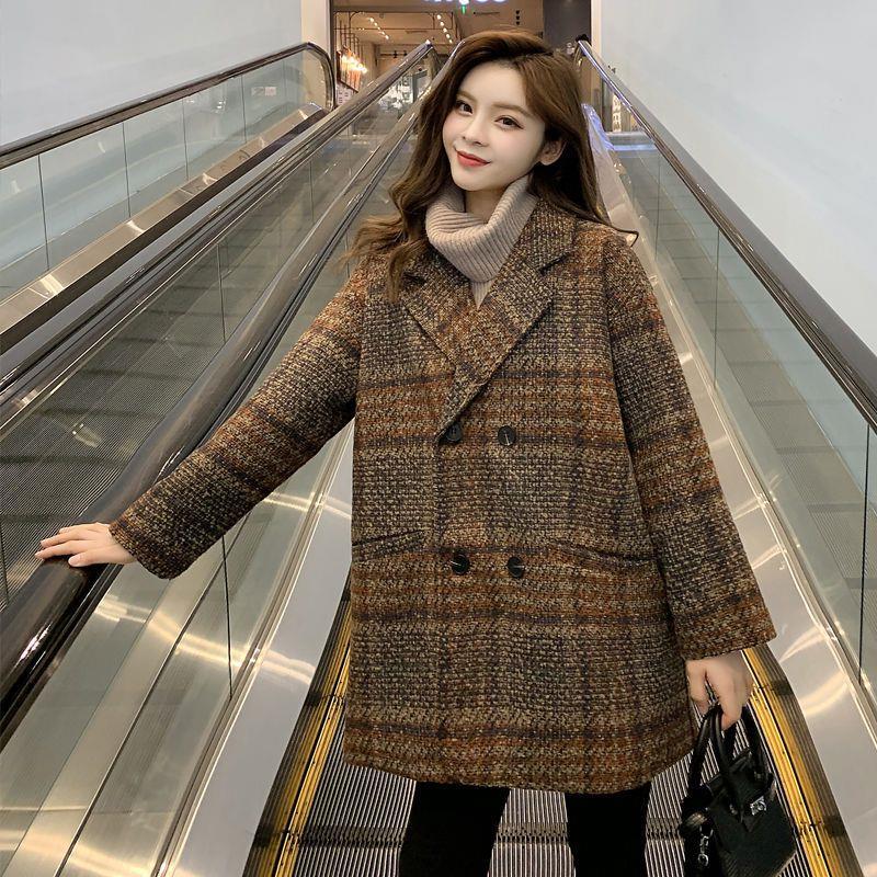 Damenmode Karierter Übermantel Zweireihig Umlegekragen Wollmischung Vintage Locker Lässig Mode Herbst Übergröße