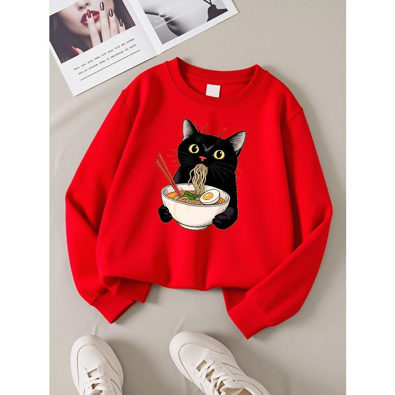 Kids Sweatshirts, Girls' Sweatshirts, Girls' Autumn Winter Fashion Cat Eating Ramen Noodles Print Print Long Sleeve Round Neck Sweatshirt