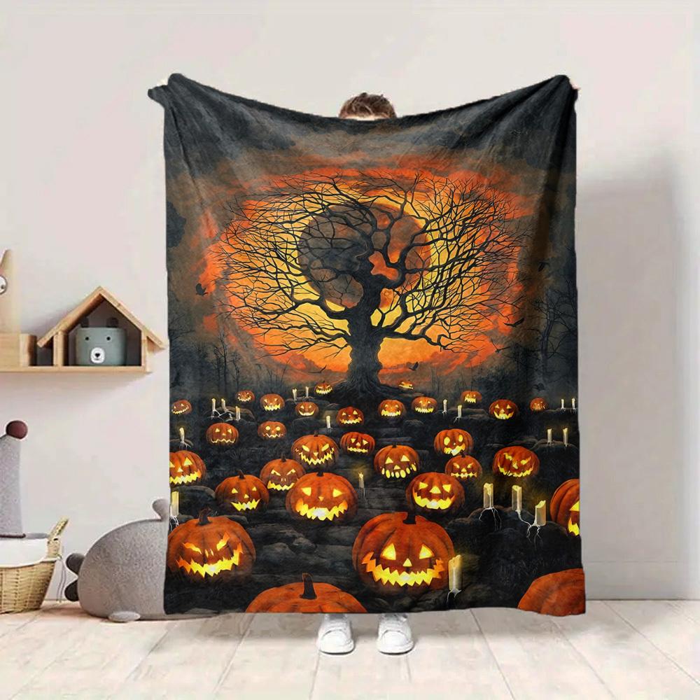 1pc Halloween Pumpkins Blanket, Lightweight Flannel Throw Blanket for Sofa, Bed, Travel, Camping, Living Room, Office, Couch, Chair, and Bed