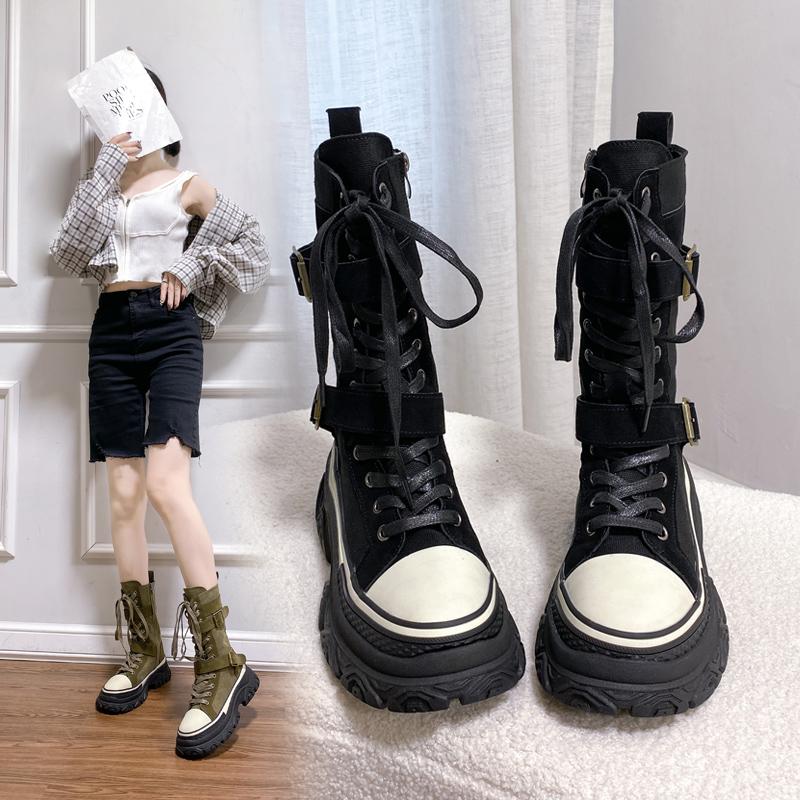 Fashion Autumn Nubuck Leather Boots Women's Thick-soled Mid-calf Non-slip Sneakers Round Toe Front Lace-up Motorcycle Boots