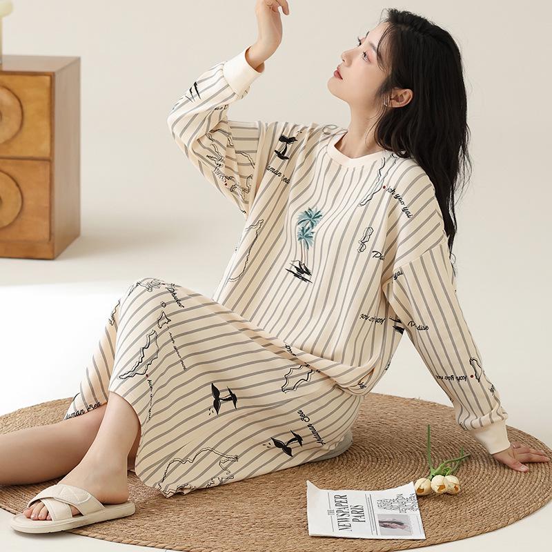 Women's 100% Cotton Knee-Length Long-Sleeve Nightdress for Spring and Autumn