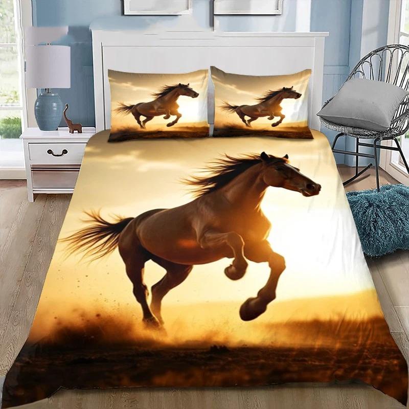 Magical Running Horses Starry Grassland Print Duvet Cover Set Wildlife Animal Bedding Bedroom Decor with Zipper Pillowcase