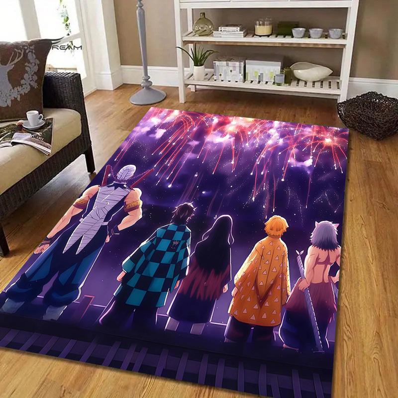 Demon Slayer2 Flannel Pattern Square Carpet,Area Rug,Carpet Rug for Living Room Bedroom Sofa Playroom Decor,Non-slip Floor Mat