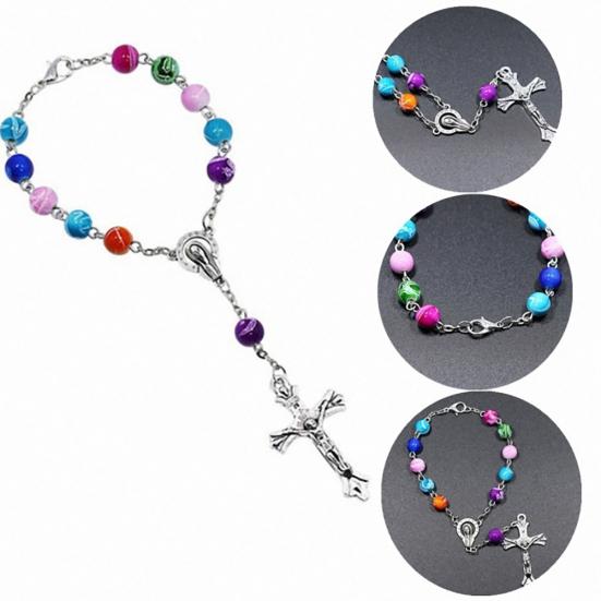 Christianity Goddess Jesus Cross Pendant Colorful Beads Chain Women Bracelet