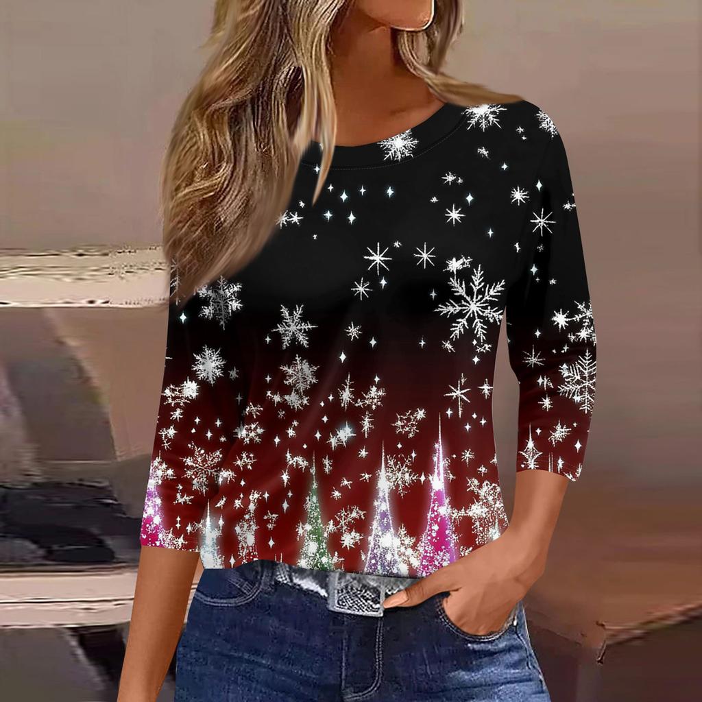 Damen Modisches Lässiges Rundhals-T-Shirt mit Blumendruck und Dreiviertelärmeln