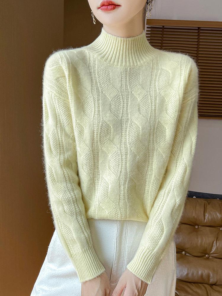2025 Autumn/Winter Slimming Vintage Cashmere Cable Knit Sweater with Semi-High Neck