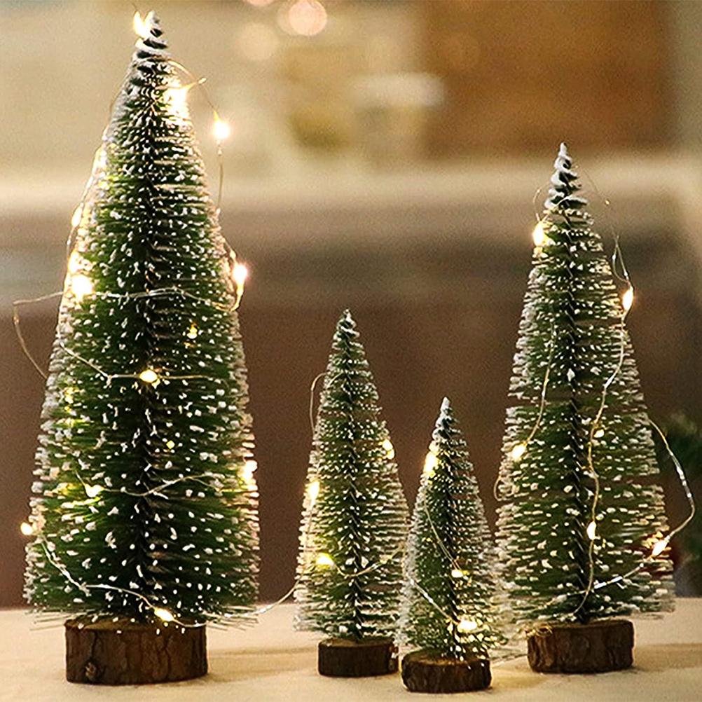 7PCS Christmas Decorations Mini Sisal Christmas Trees Pine Trees Ornaments with Lamp and Wooden