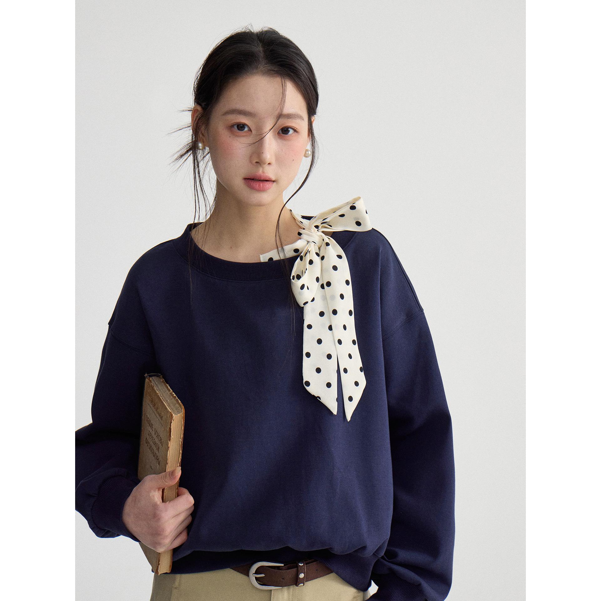 

Design sense Korean polka dot lace-up sweater women s spring new loose and thin top F One size fits all (90-140) Темно-синій
