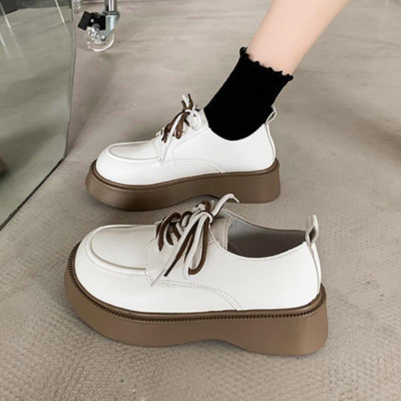 Women's College Style Lace-up Leather Shoes Thick-soled Casual Non-slip Wear-resistant Loafers