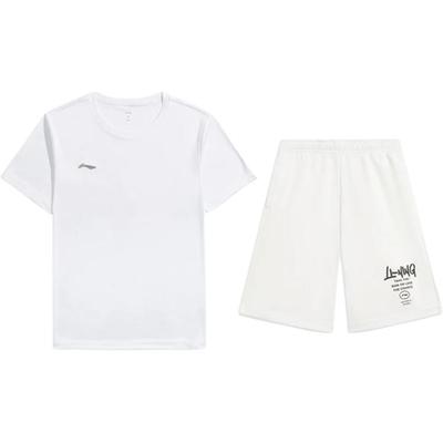Li Ning Logo Print Simple Comfortable Versatile Crew Neck Pullover Short Sleeve T-Shirt Casual Sports Set Unisex Tops ATSU839-2+AKST593-7
