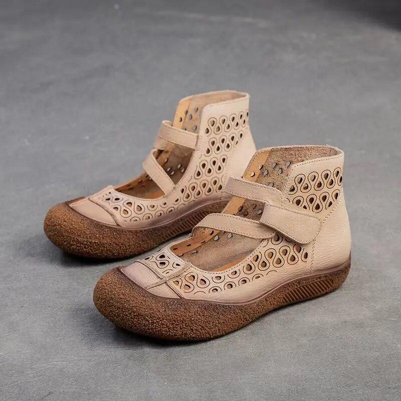 Johnature Hollow Breathable Sandals Genuine Leather Retro Soft Sole Comfortable Versatile Women's Shoes