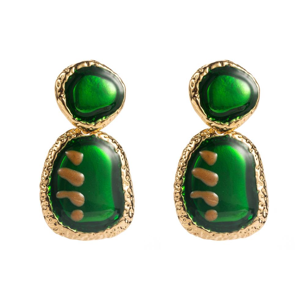 Vintage Emerald Temperament Exaggerated Flower Earrings With Silver Needles And Diamond Inlaid Resin High-end Earrings
