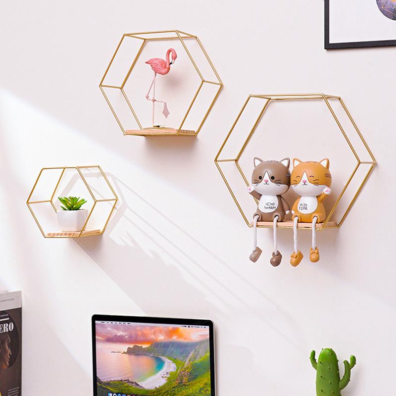 3Pcs/Set Hexagon Shape Iron Wall Shelf Metal Storage Decor Shelves with Wood Board Bedroom Living Room Handicraft Display Racks