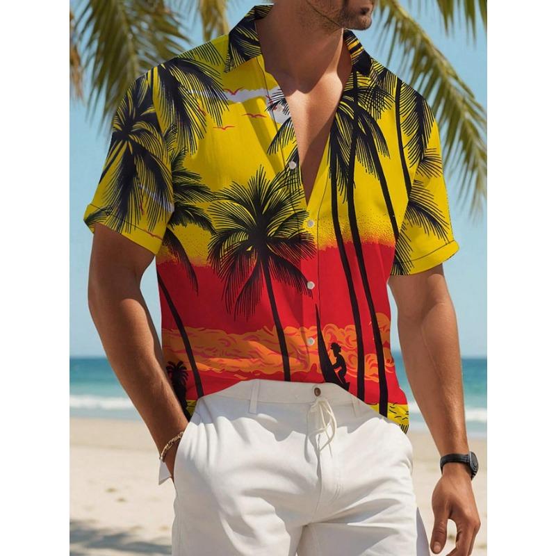 Men's Plant Print Vacation Style Short Sleeve Button-Down Shirt Outdoor Vacation Beach Summer Turndown Tee Spandex Hawaii Shirts