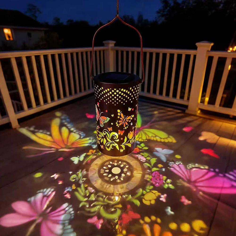 Solar Powered Hanging Lantern Retro Butterfly Projection LED Garden Light Auto On/Off Outdoor Decor Lamp for Patio/Yard/Tree