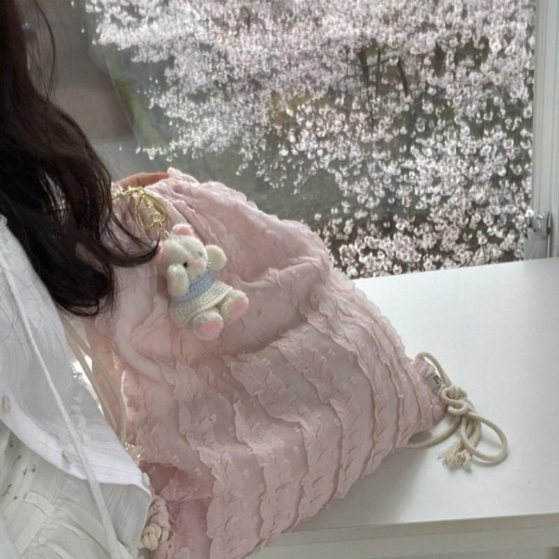 Chiffon, Girlish Style, Drawstring Bag, Large Capacity, Commuter Drawstring Pocket, Student Storage, Adjustable, Shoulder Bag