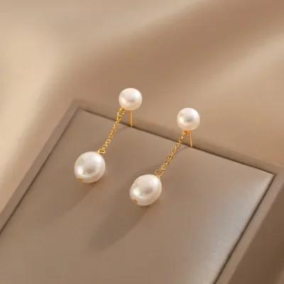 Elegant Freshwater Pearl Dangle Earrings Gold Plated Copper Long Chain Tassel Drop Earrings For Women Party Jewelry