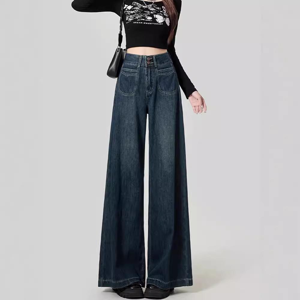 Women's High Waist Plush Wide-Leg Jeans - Autumn/Winter, Loose Fit, Slim, Straight Cut