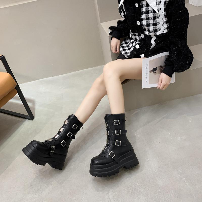 New Metal Decoration Women's Boots Side Zipper Round Toe Thick Sole Belt Buckle Women's Shoes Fashion Punk Style Mid-calf Boots