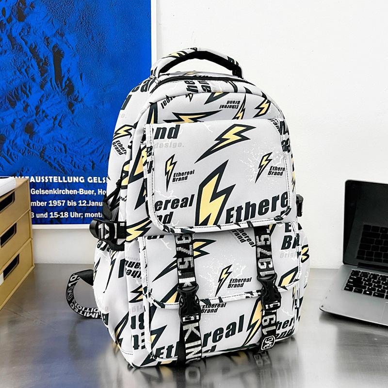 Schoolbag Japanese ins Street Lightning Personality Graffiti Backpack Trendy Cool Handsome Teen Boys Strong Durable Backpack