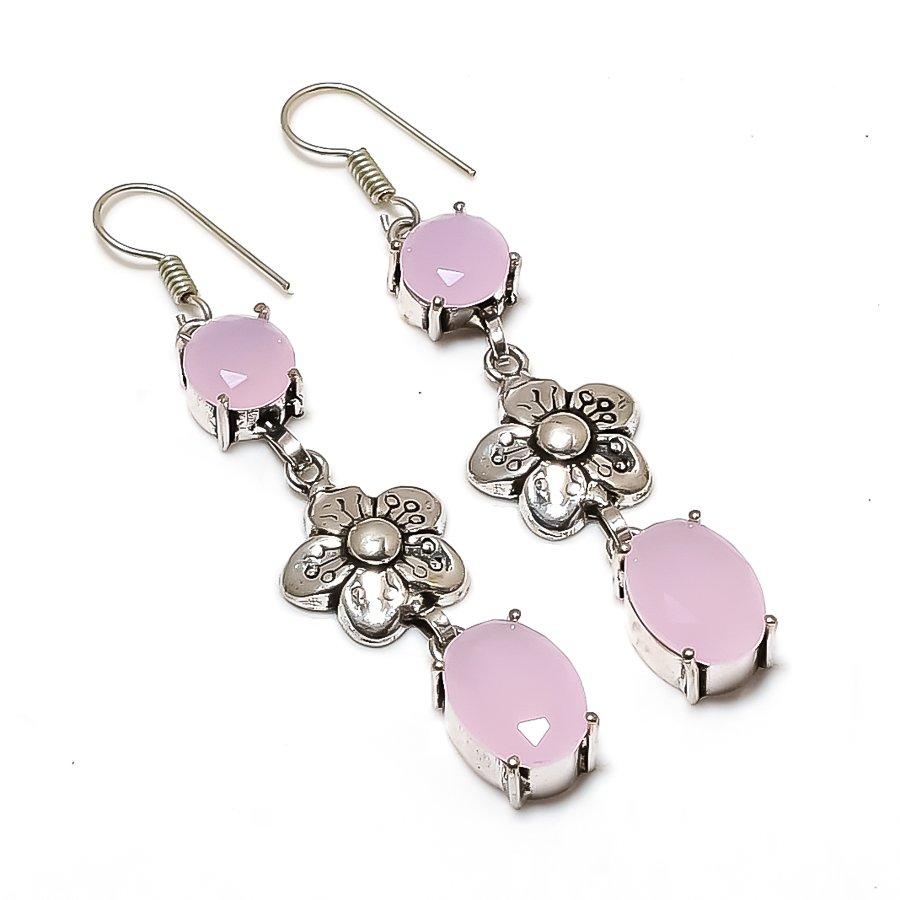 Natural Pink Chalcedony Gemstone 925 Sterling Silver Jewelry Earring 2.76" AE-12989