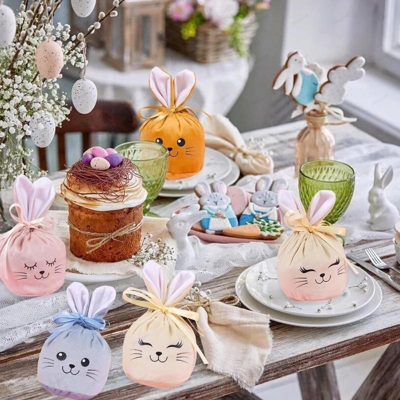 Easter Bunny Ears Plush Gift Bags with Drawstring Candy Bags for Basket Filling Spring Holiday Party Supplies