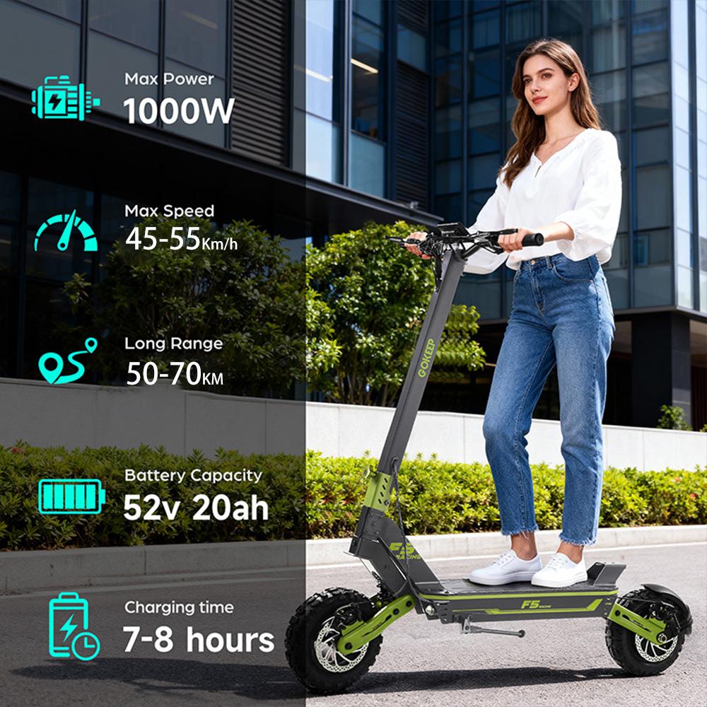 Electric Scooter Gokeep 10" 52V 20AH Dual Disc Brakes 1000W Motor Fully Suspended Adult Electric Scooter Max Load 120Kg With NFC F5