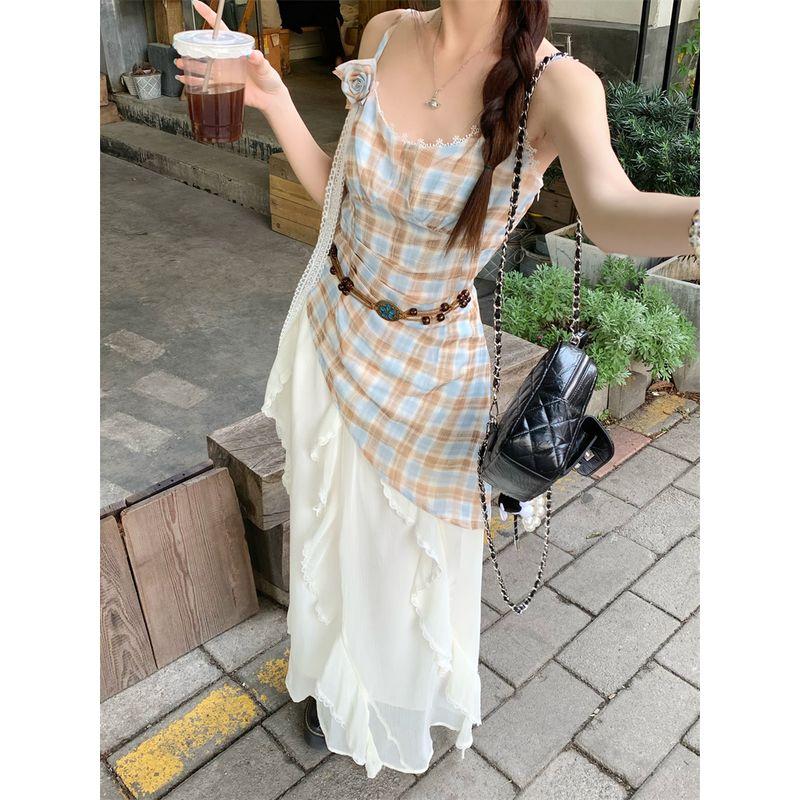 Kumikumi Retro Lazy Suit Plaid Irregular Spaghetti-Strap Vest Women's Autumn High Waist Skirt Two-piece Set