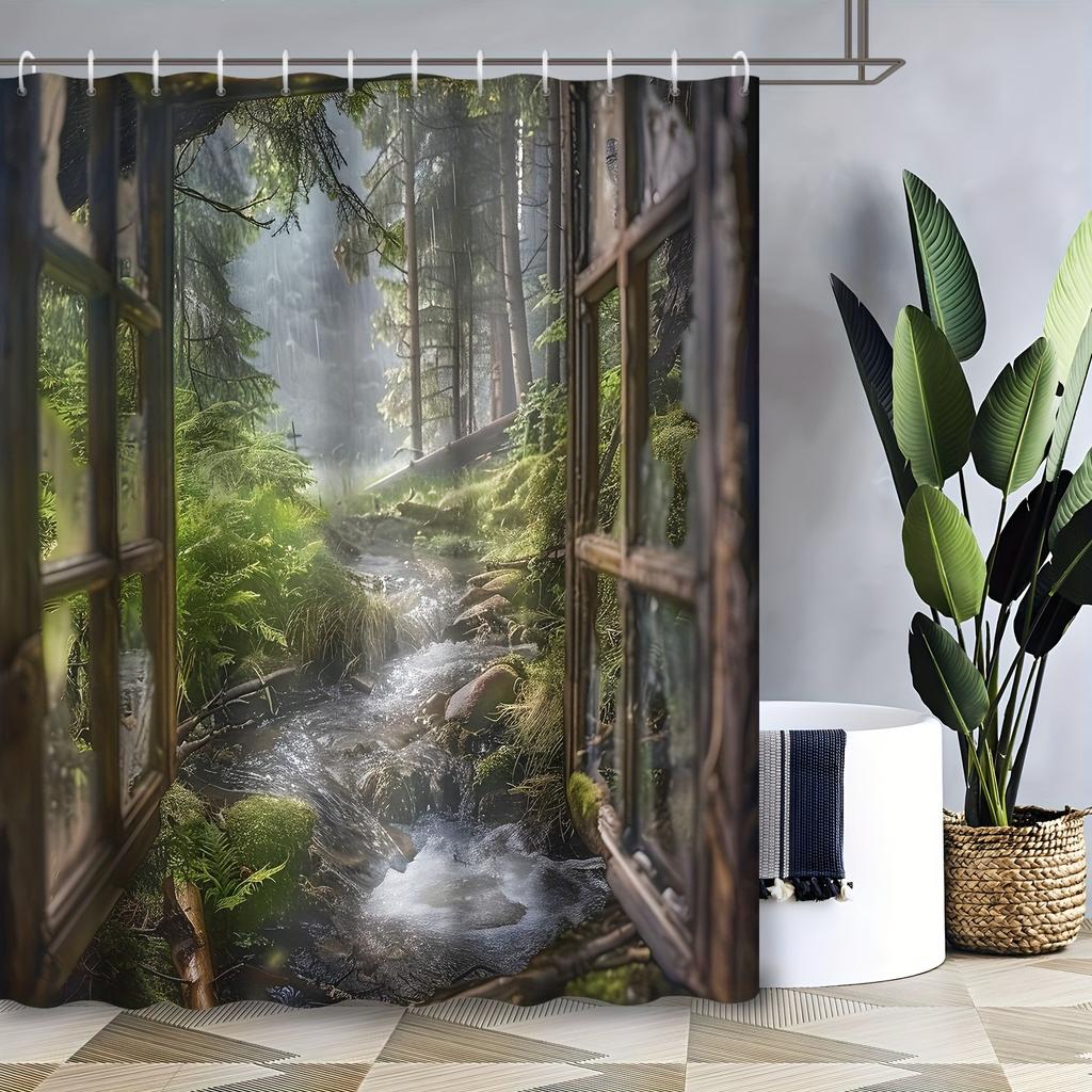 1Pc Shower Curtain - Rustic Window View Into A Lush Forest With A Babbling Brook, Perfect For Bathroom Decoration, Bringing