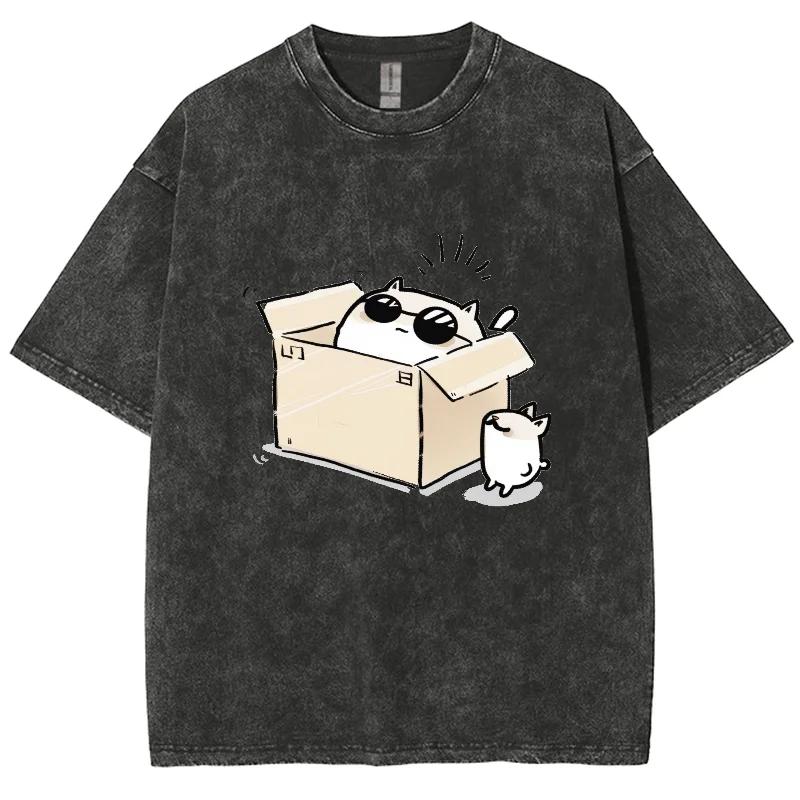 Fashion Cartoon Style Box cat short sleeve men's and women's water wash vintage hip hop casual retro T-shirt