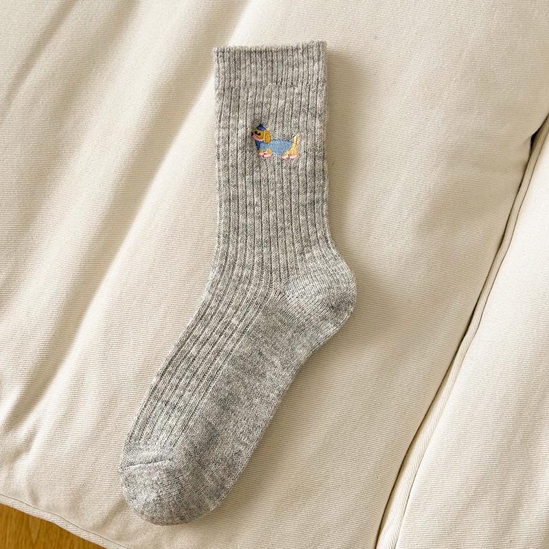 

Women s Dachshund Embroidered Wool Socks - Korean Style, Cute, Thick & Warm for Autumn/Winter One Size світло-сірий колір