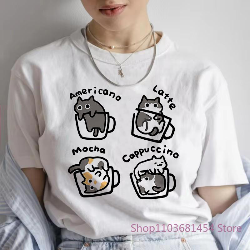 Female T Shirt Cat Coffee Pure Trendy Summer Slim Short Sleeved T-shirt Women Mocha Latte Cat Fun Cat Top Tees