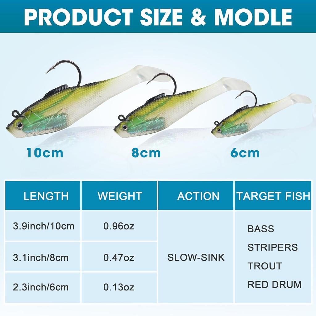 Soft Fishing Lures Pre-Rigged Swimbait Jig Head Paddle Tail Swim Baits Swim Shad Lures Soft Plastic Swimbait Bass Trout Walleye Sinking Baits Fishing