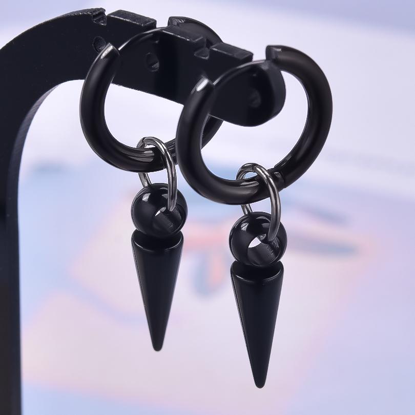 New All Black Hoop Sword Pointed Cone Pendant Earring Stainless Steel Earrings For Women Men Accessories Goth Steampunk Jewelry